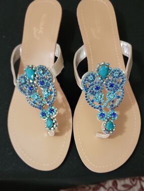 Madeline Stuart Beige Sandals with Blue Turquoise Gem Accents